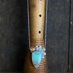 Lunar Side Bloom Pendant with Opalized Wood and Sunstone