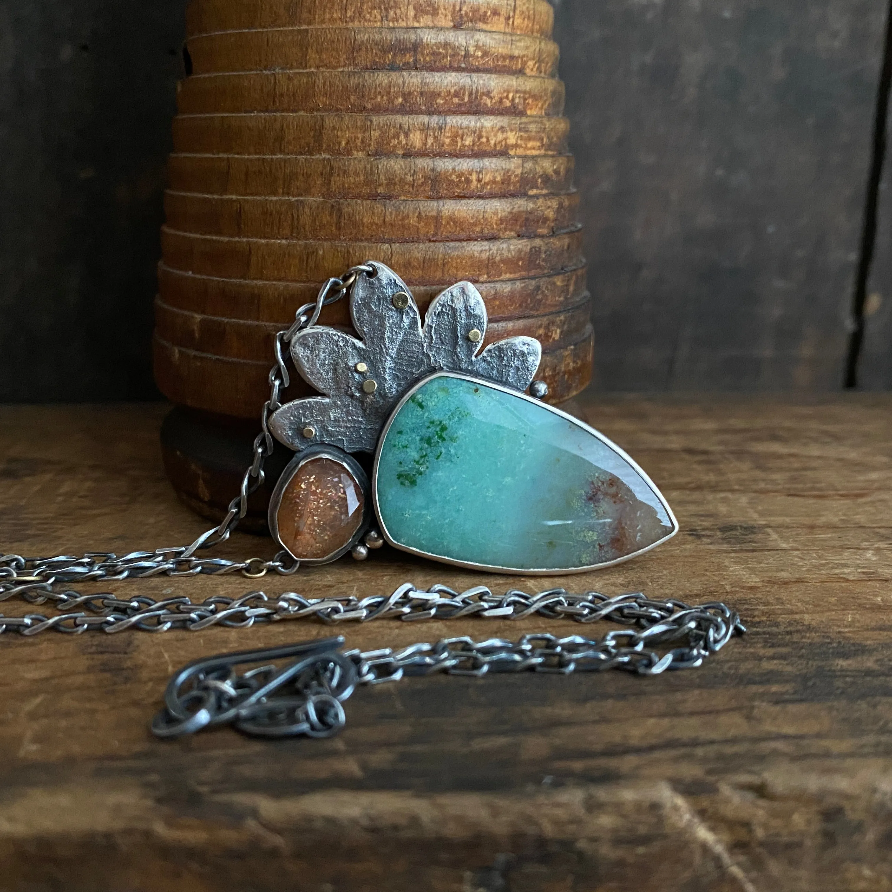 Lunar Side Bloom Pendant with Opalized Wood and Sunstone