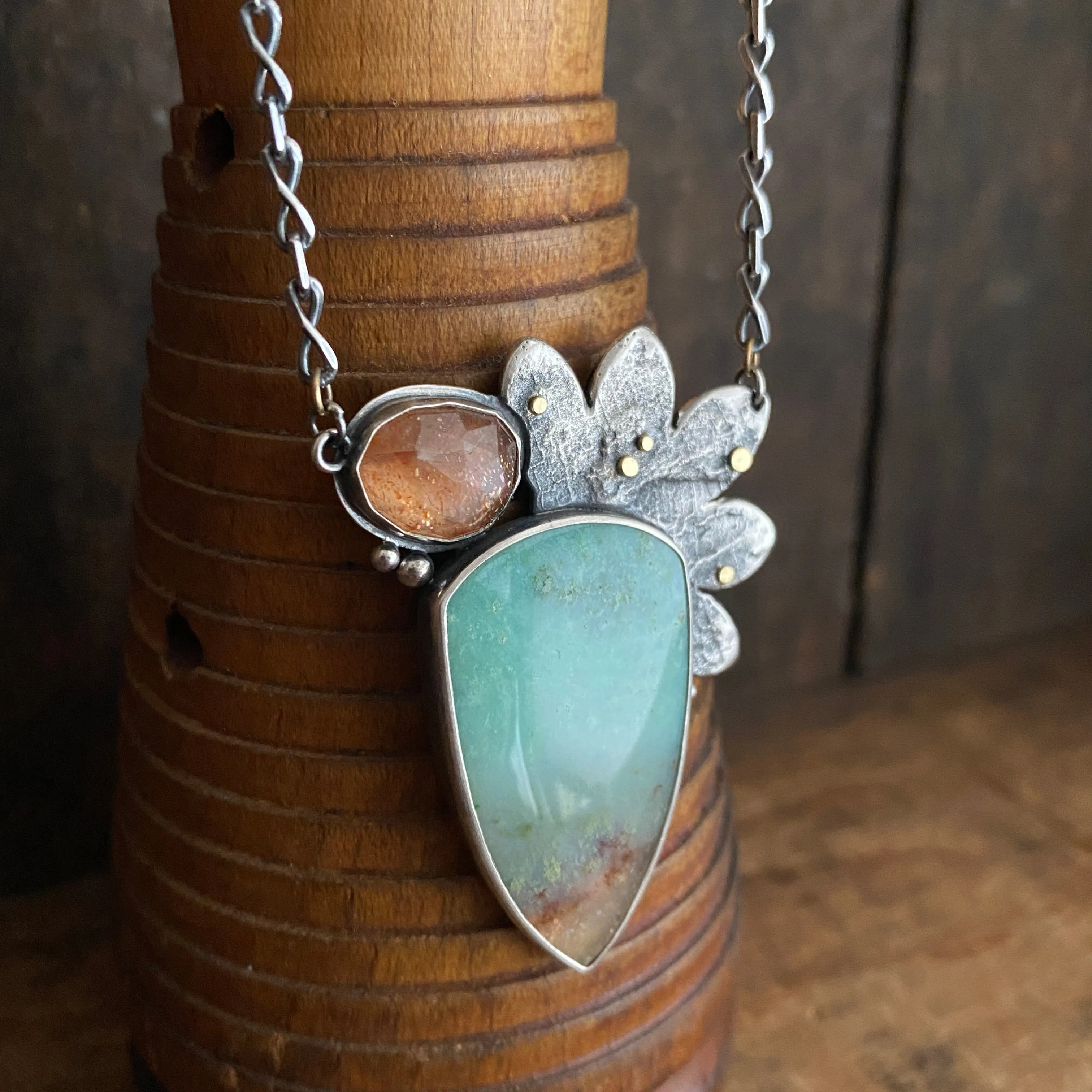 Lunar Side Bloom Pendant with Opalized Wood and Sunstone