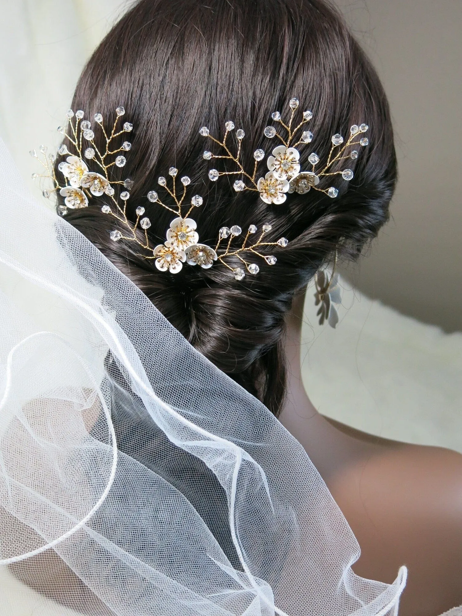 Metal White Flower Beaded 3 PC Hairpin Set, Floral Bridal Hair Pins, Flower Wire Wedding Hairpiece Set