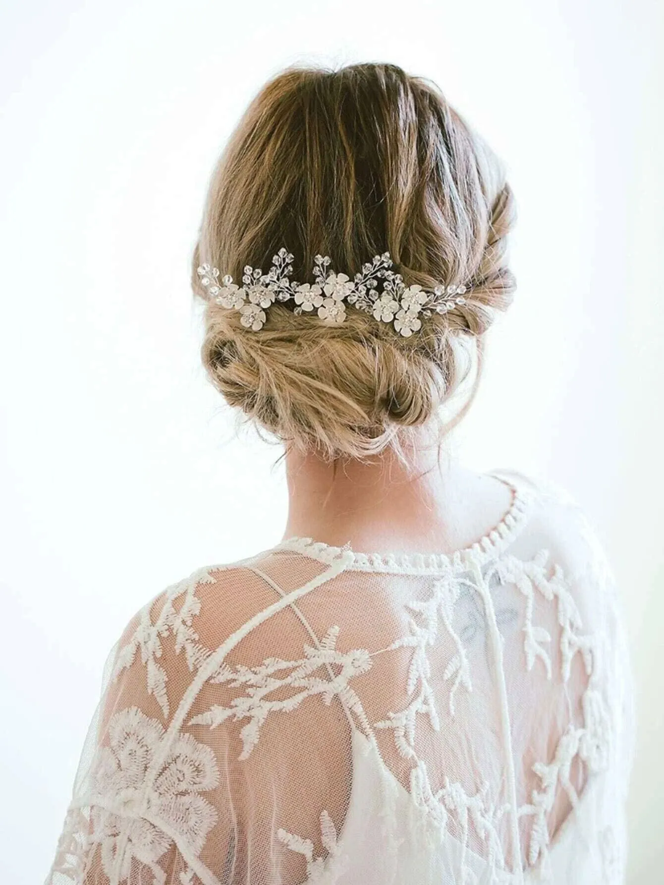 Metal White Flower Beaded 3 PC Hairpin Set, Floral Bridal Hair Pins, Flower Wire Wedding Hairpiece Set