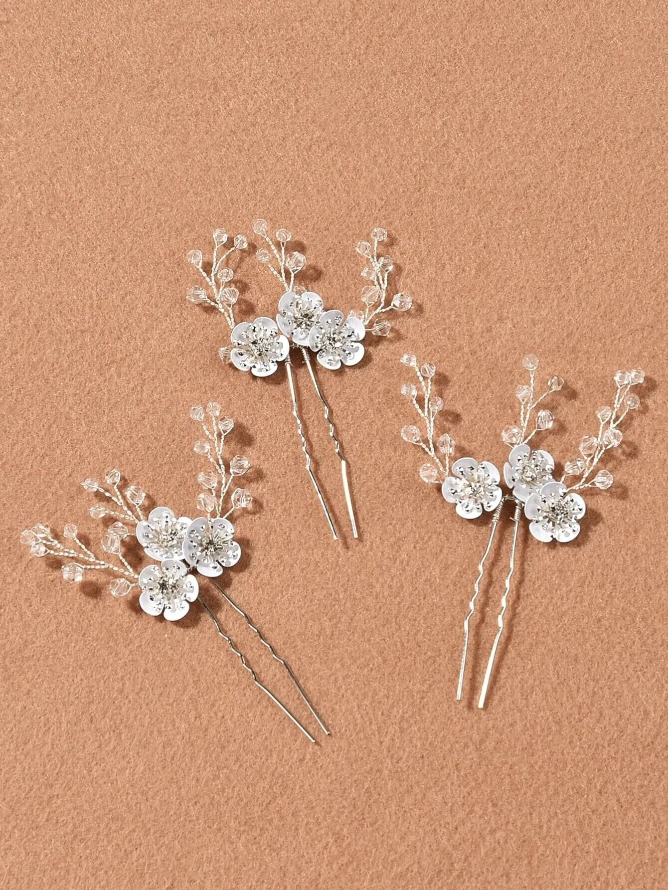 Metal White Flower Beaded 3 PC Hairpin Set, Floral Bridal Hair Pins, Flower Wire Wedding Hairpiece Set