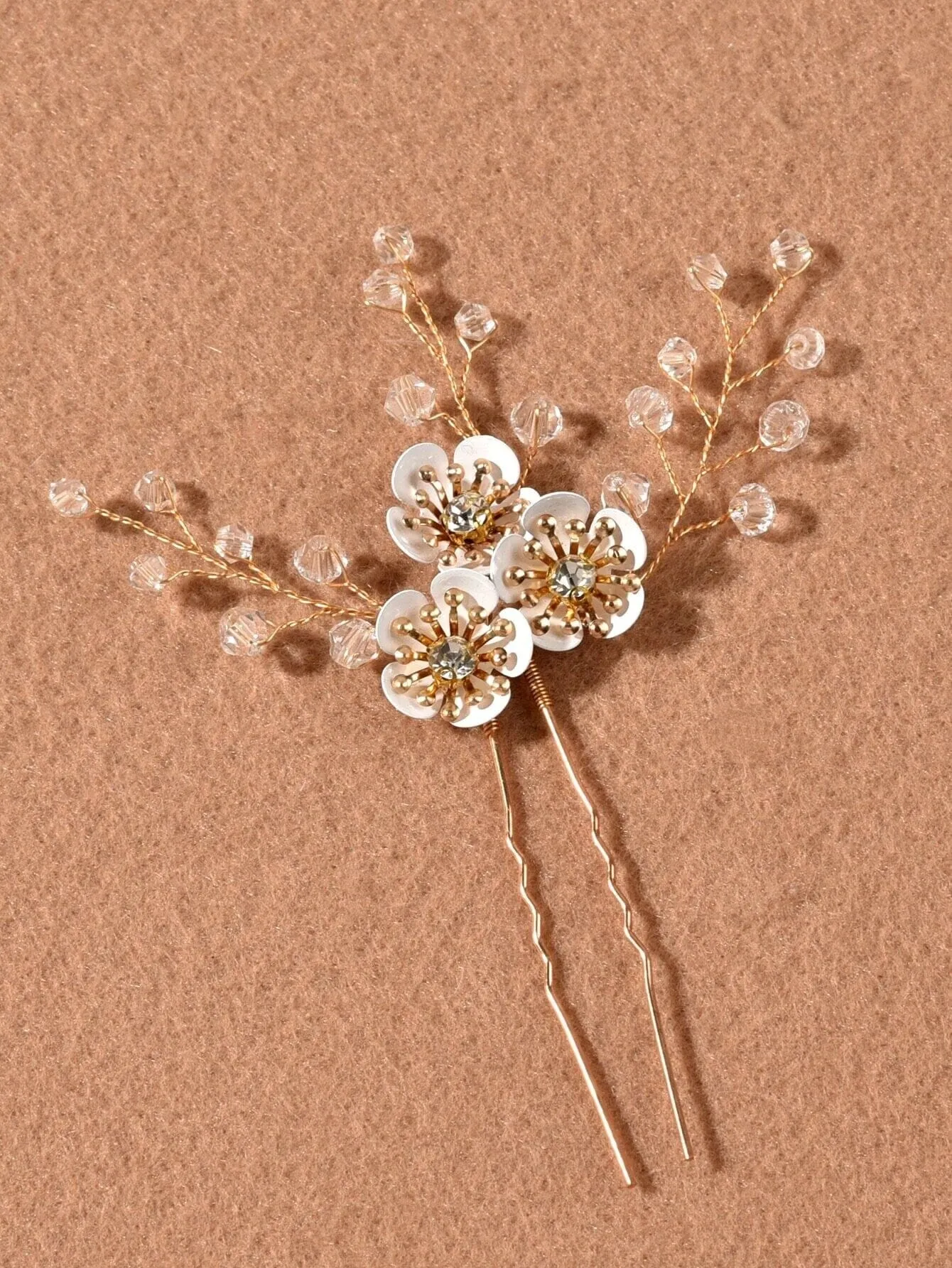 Metal White Flower Beaded 3 PC Hairpin Set, Floral Bridal Hair Pins, Flower Wire Wedding Hairpiece Set