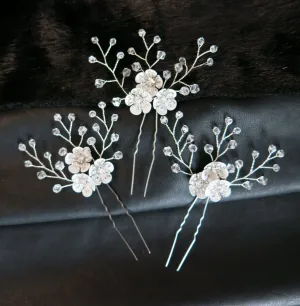 Metal White Flower Beaded 3 PC Hairpin Set, Floral Bridal Hair Pins, Flower Wire Wedding Hairpiece Set