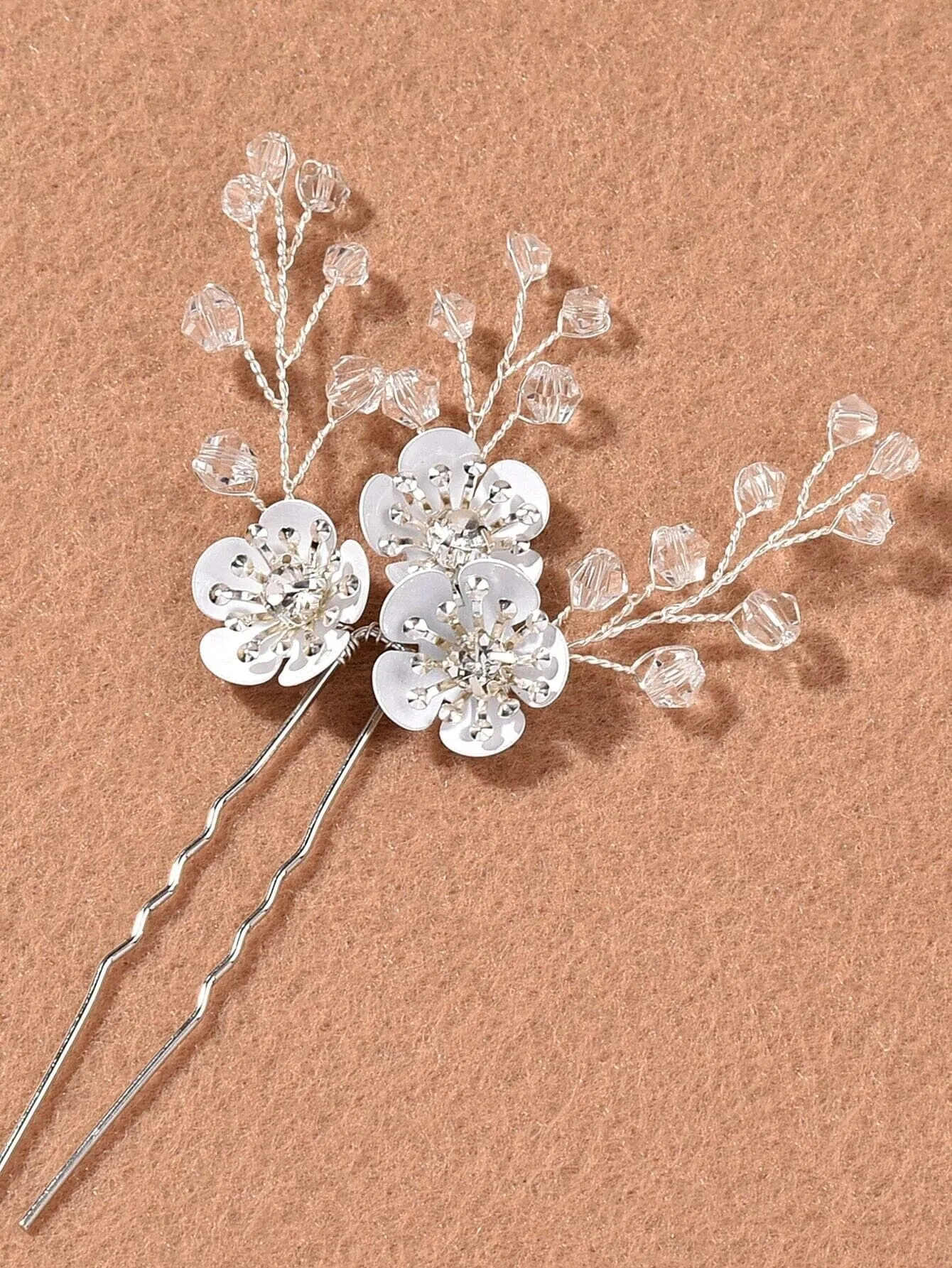 Metal White Flower Beaded 3 PC Hairpin Set, Floral Bridal Hair Pins, Flower Wire Wedding Hairpiece Set