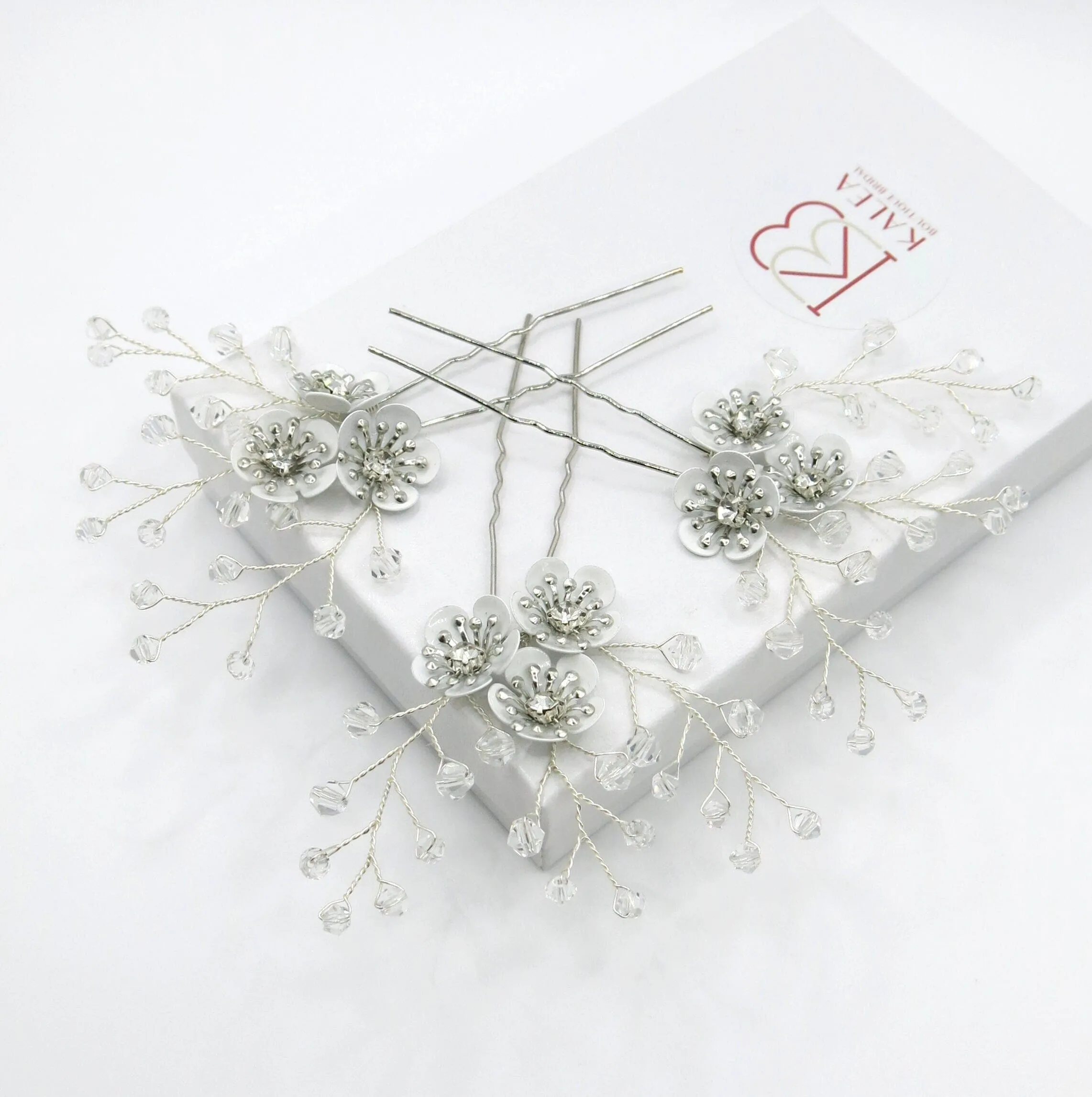 Metal White Flower Beaded 3 PC Hairpin Set, Floral Bridal Hair Pins, Flower Wire Wedding Hairpiece Set