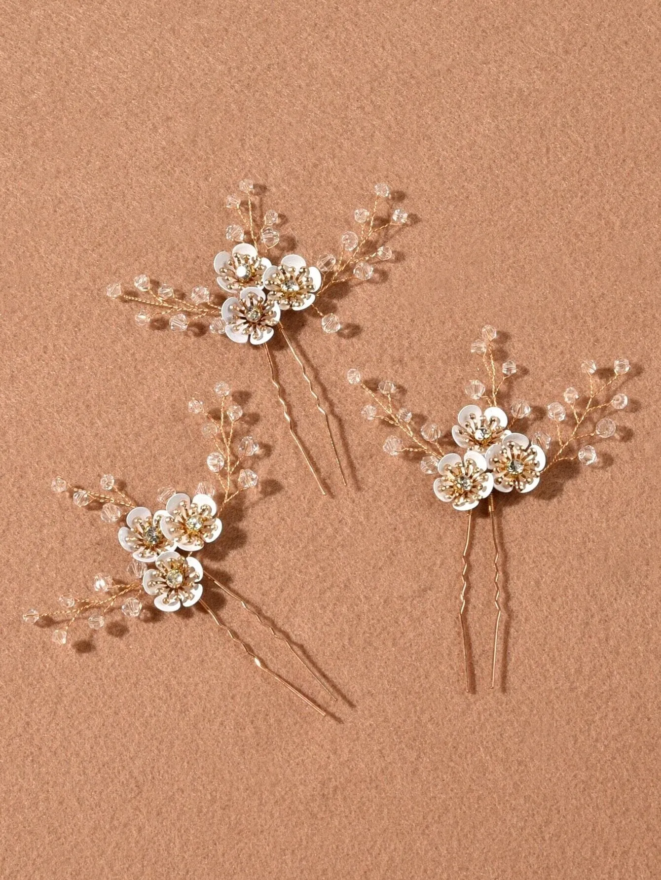 Metal White Flower Beaded 3 PC Hairpin Set, Floral Bridal Hair Pins, Flower Wire Wedding Hairpiece Set