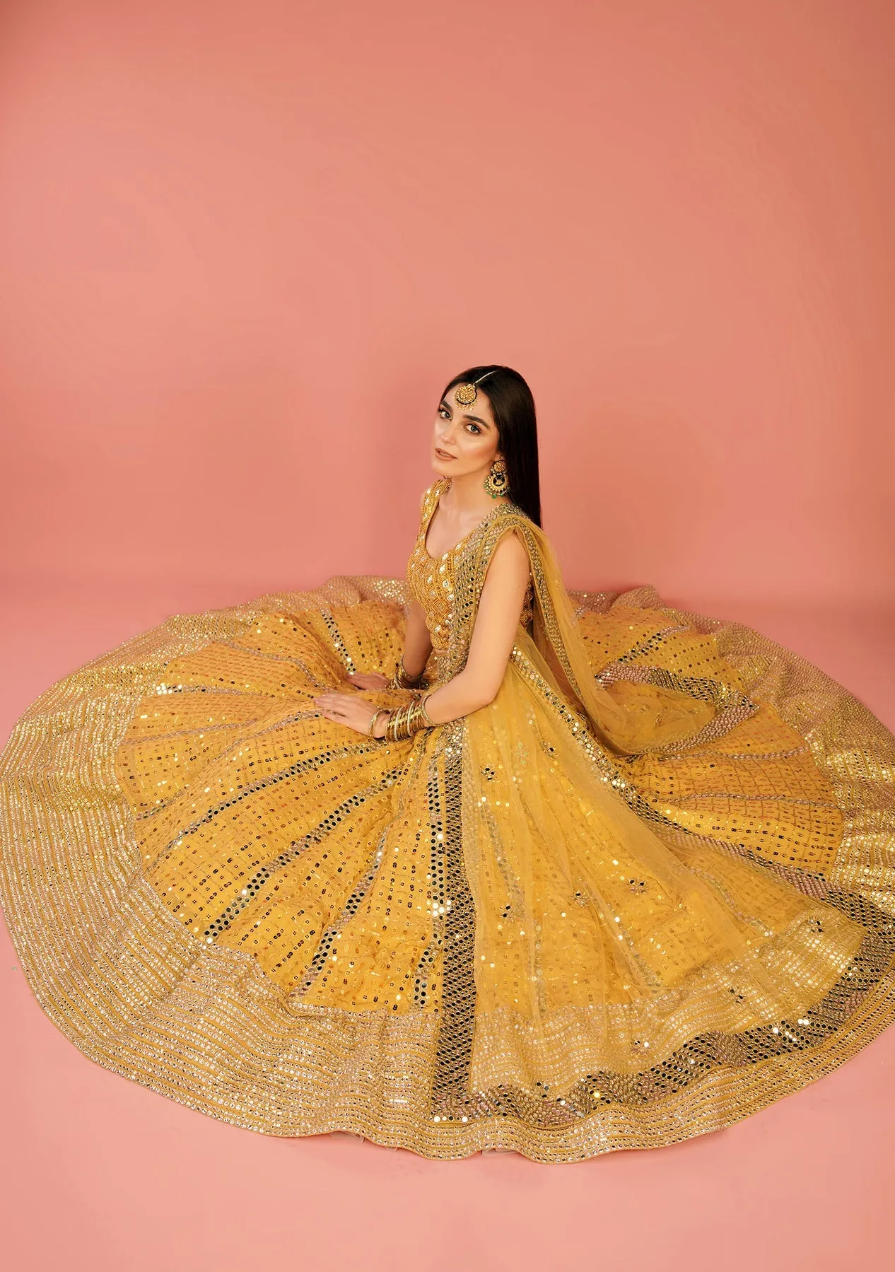 Mirror worked Pakistani Bridal Yellow Lehenga Choli