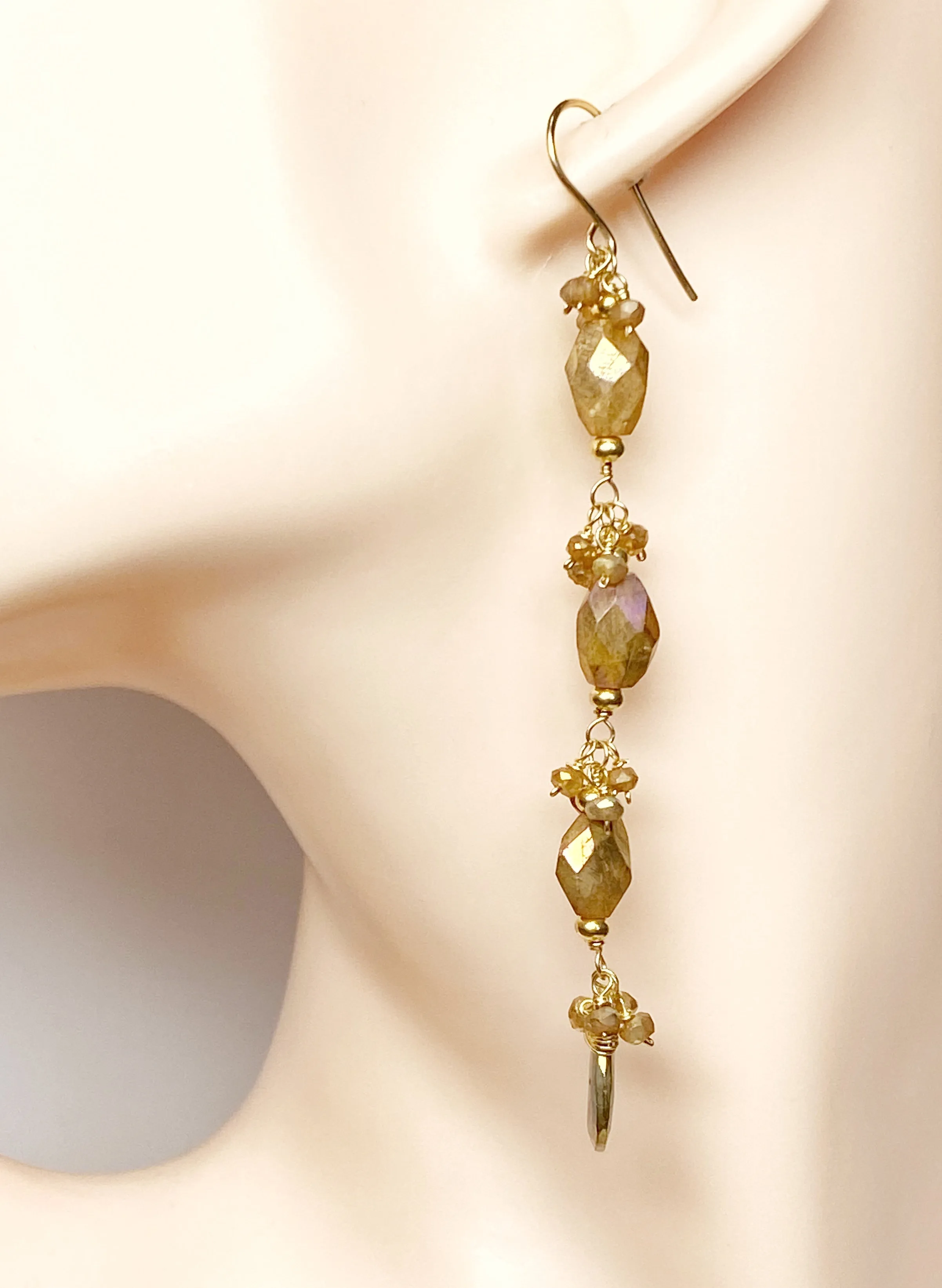 Mystic Gold Labradorite Long Dangle Earrings Gold Fill