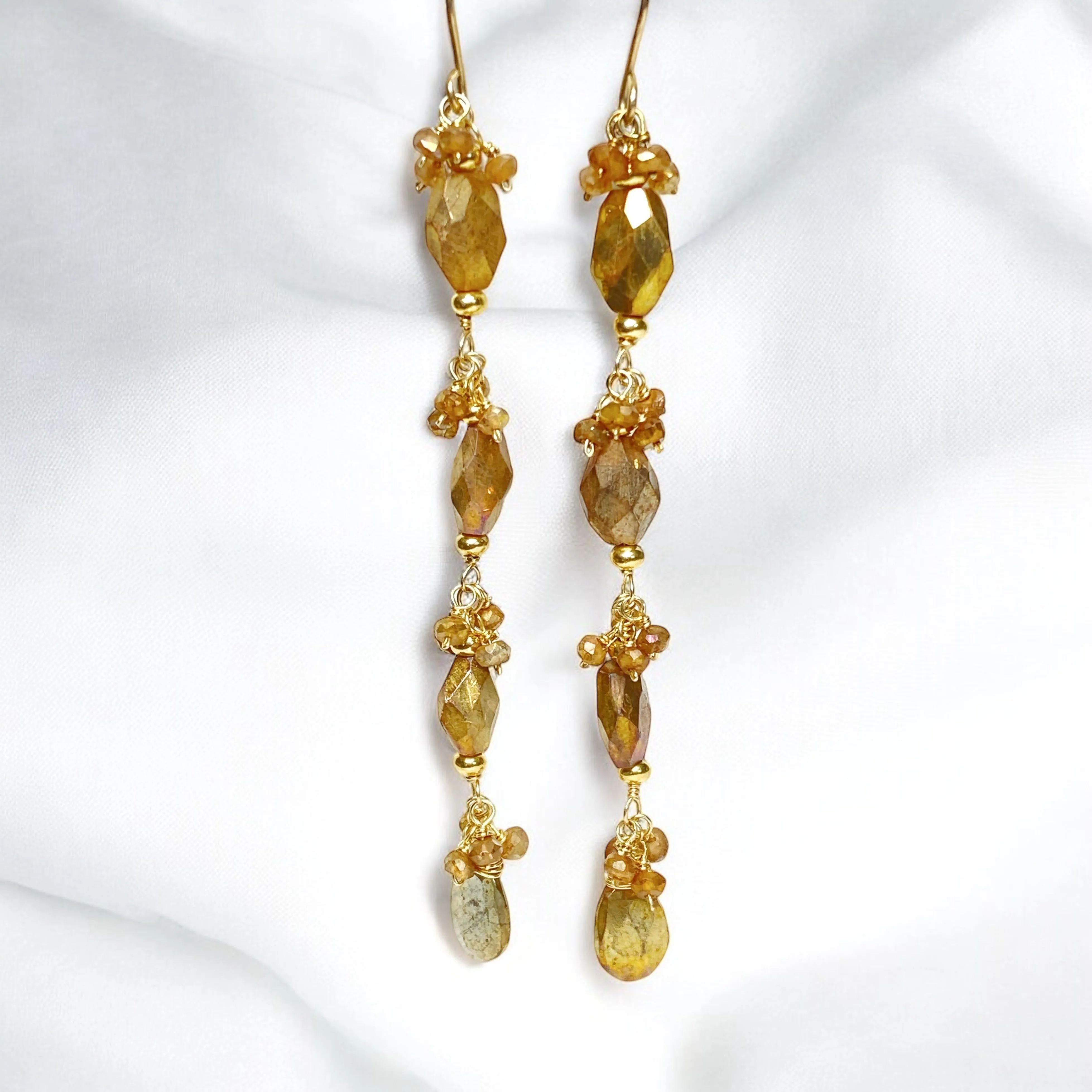 Mystic Gold Labradorite Long Dangle Earrings Gold Fill