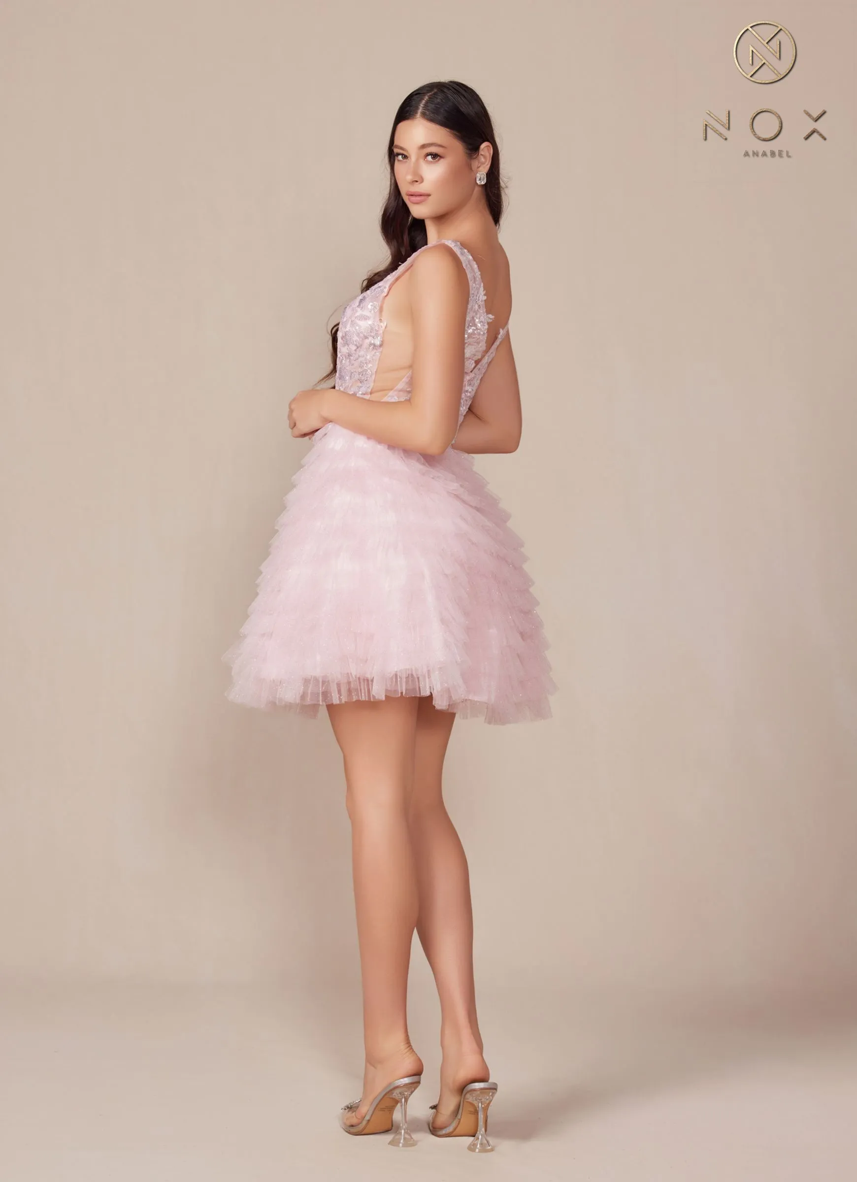 Nox Anabel R883 Dress V-Neck A-Line Tiered Ruffled Skirt