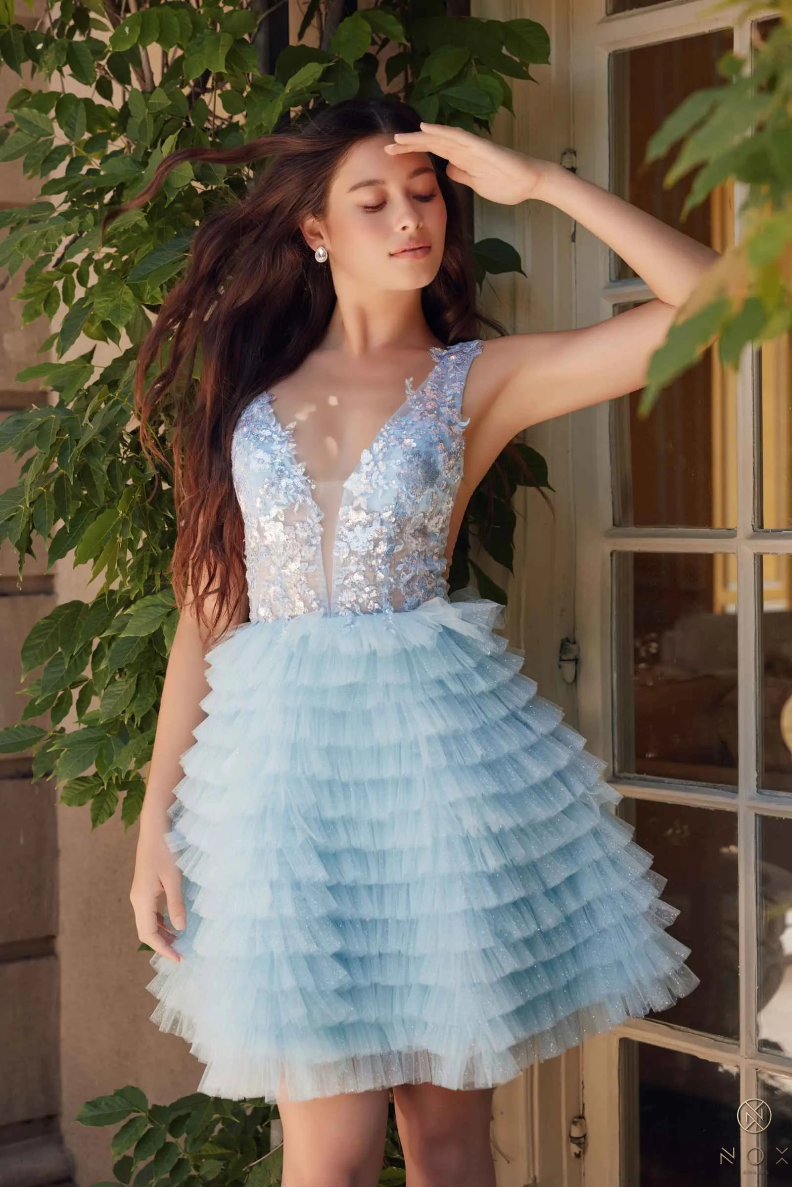 Nox Anabel R883 Dress V-Neck A-Line Tiered Ruffled Skirt