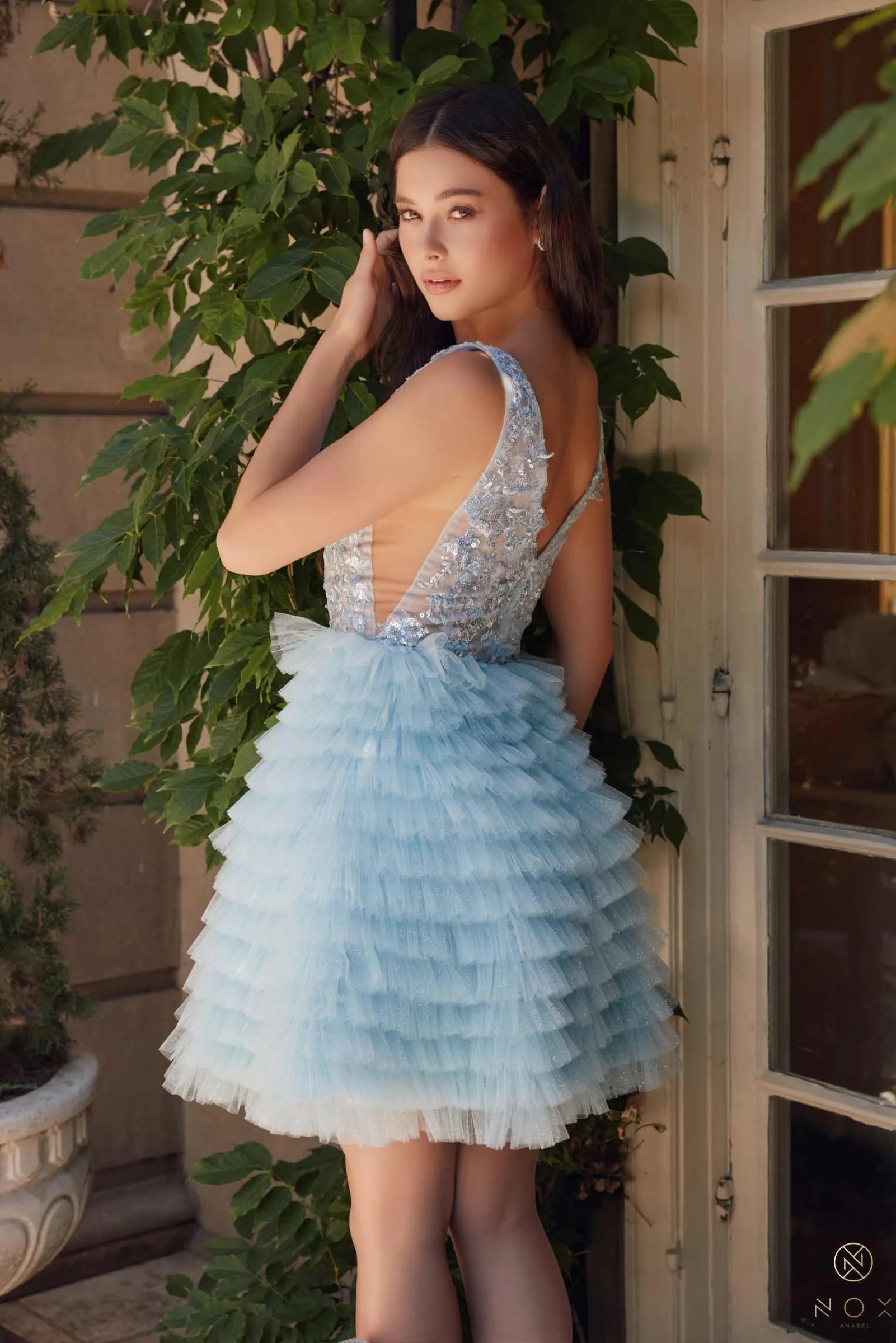 Nox Anabel R883 Dress V-Neck A-Line Tiered Ruffled Skirt