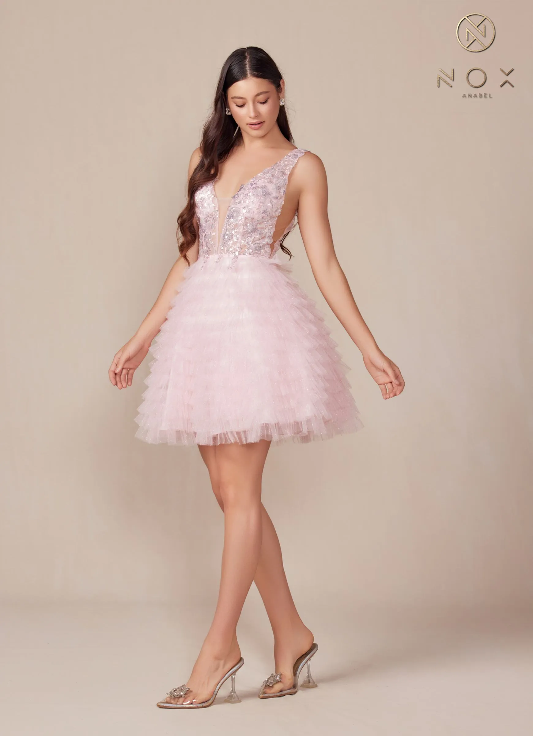 Nox Anabel R883 Dress V-Neck A-Line Tiered Ruffled Skirt
