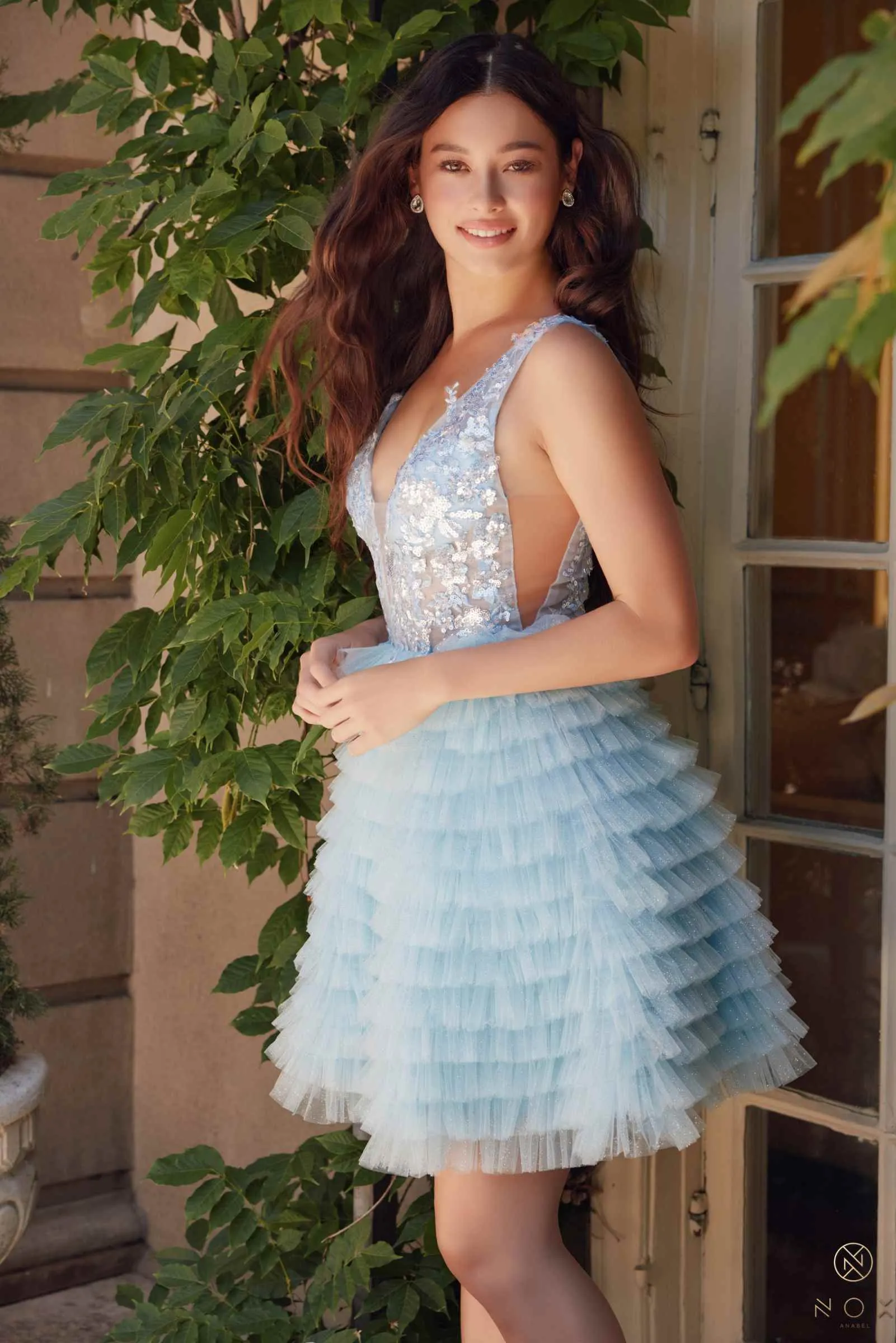 Nox Anabel R883 Dress V-Neck A-Line Tiered Ruffled Skirt