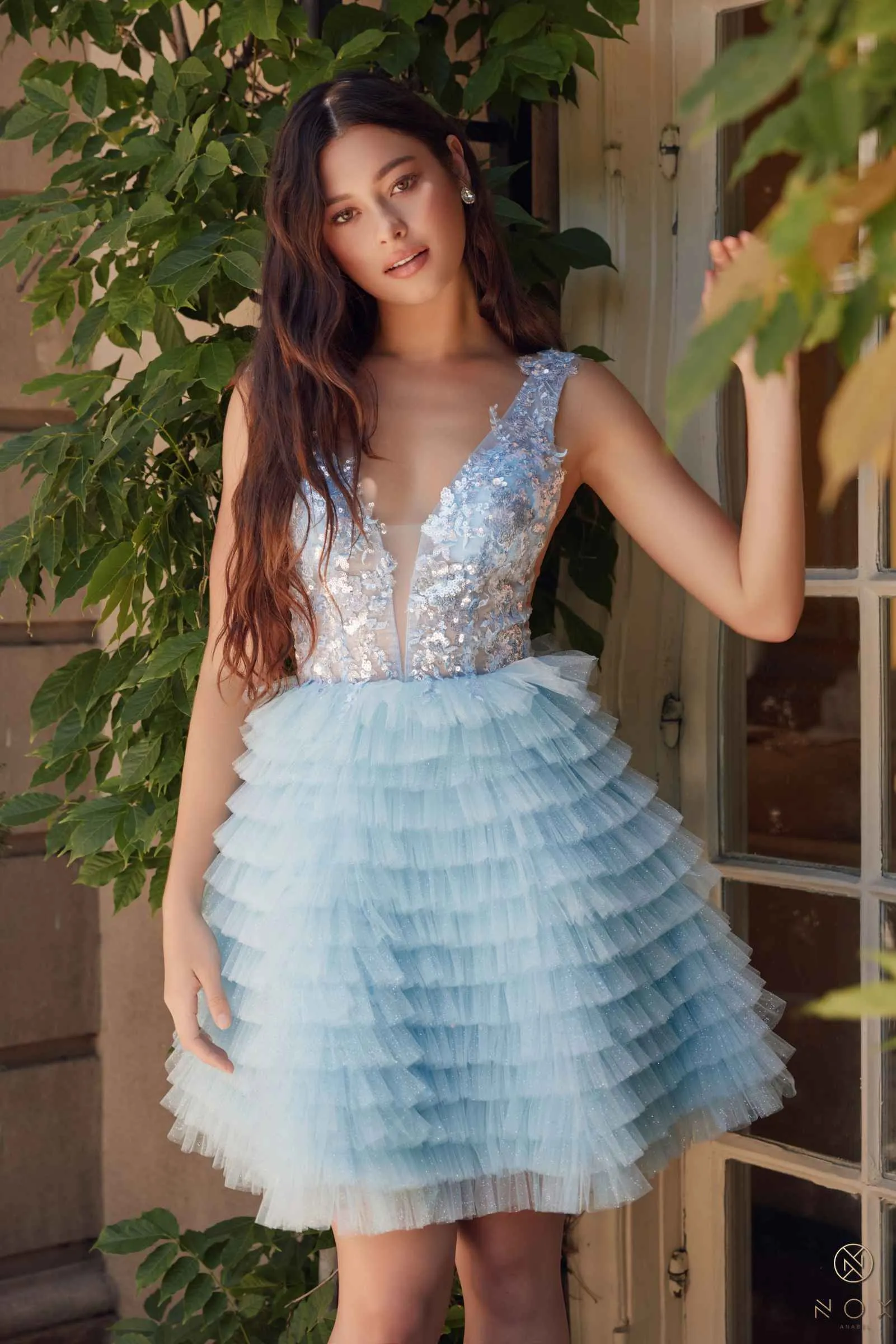 Nox Anabel R883 Dress V-Neck A-Line Tiered Ruffled Skirt
