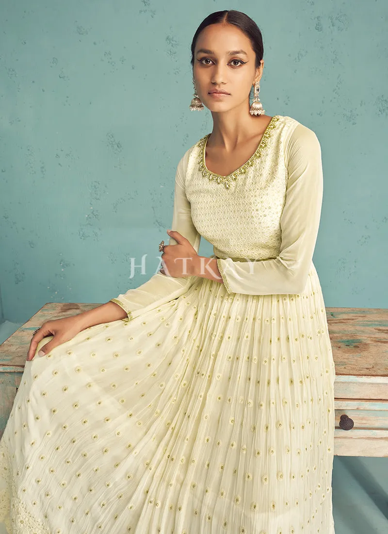 Off White Embroidery Traditional Anarkali Suit