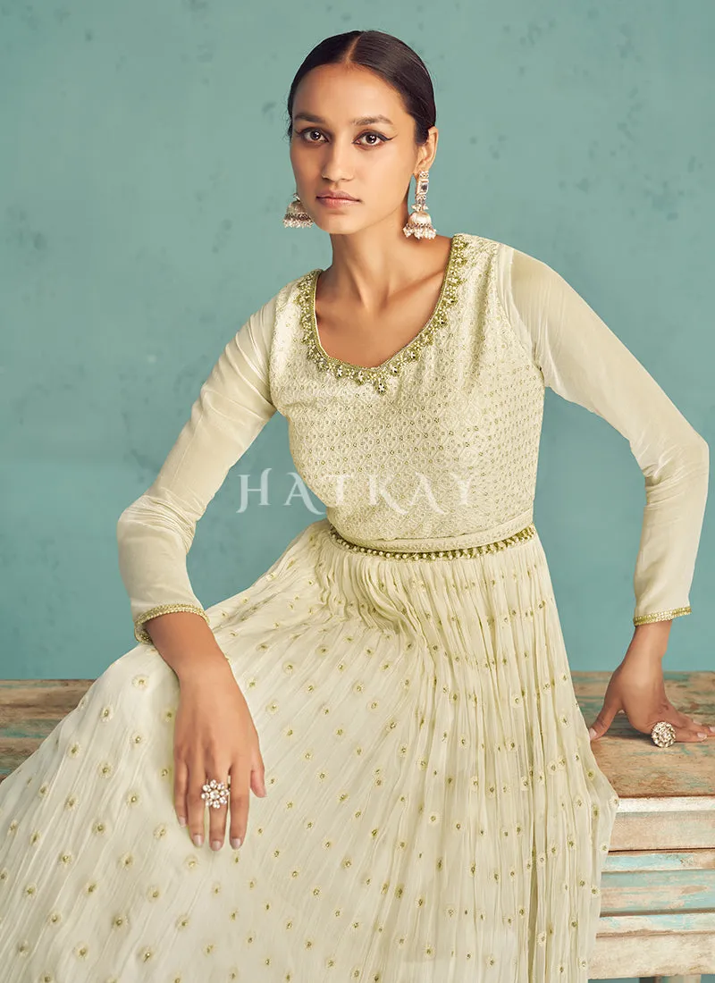 Off White Embroidery Traditional Anarkali Suit