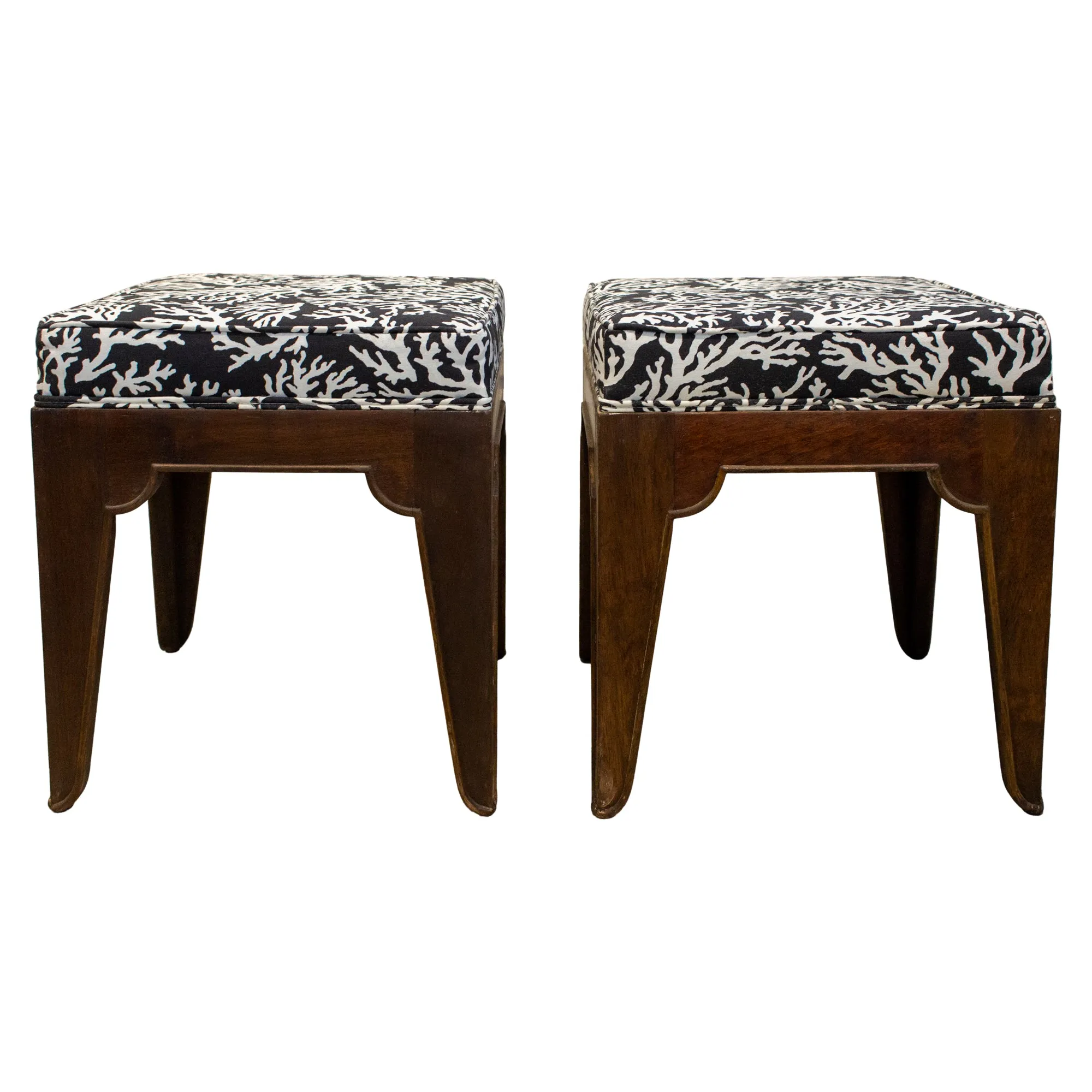 Pair of Mid-Century Wood Stools with Graphic Upholstery