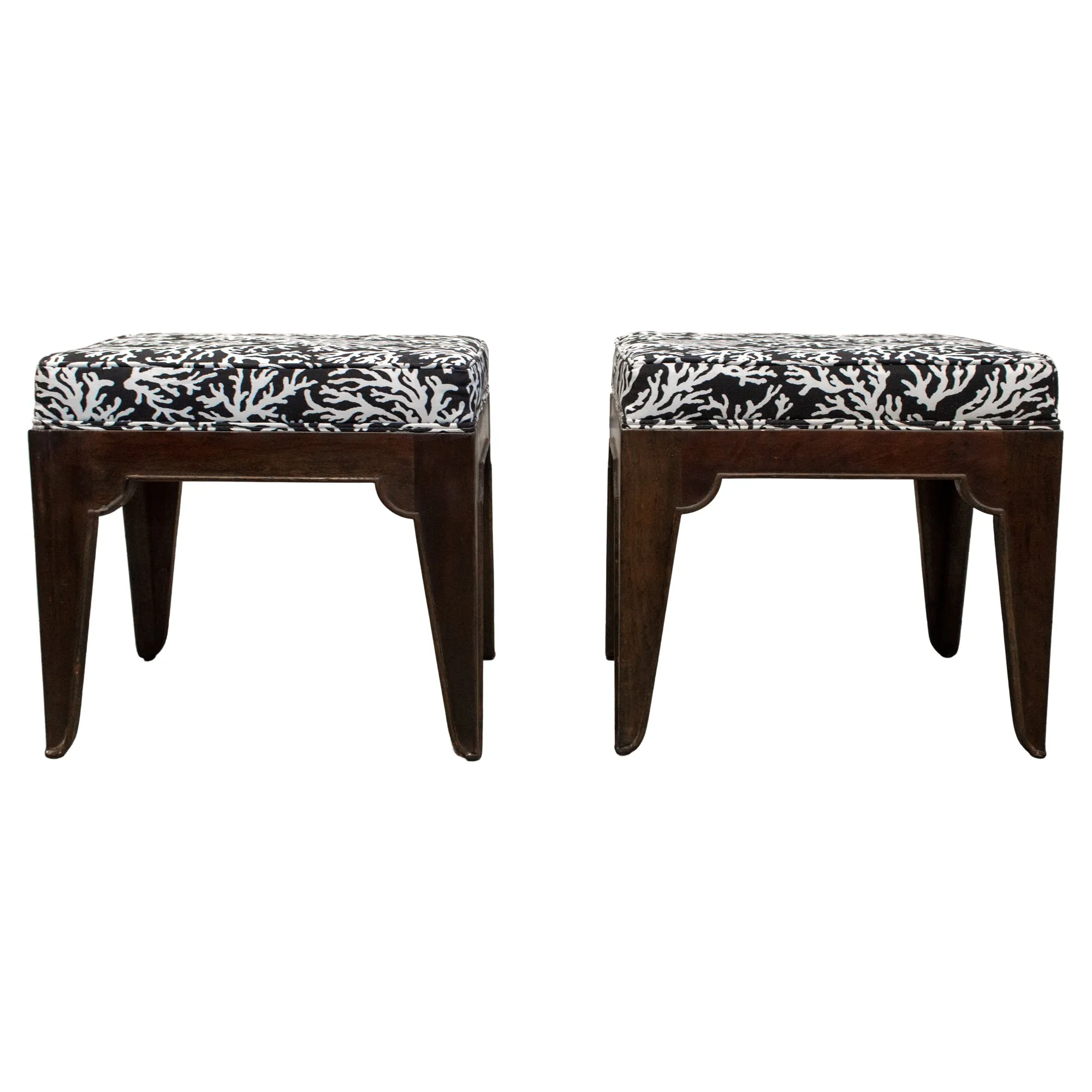 Pair of Mid-Century Wood Stools with Graphic Upholstery