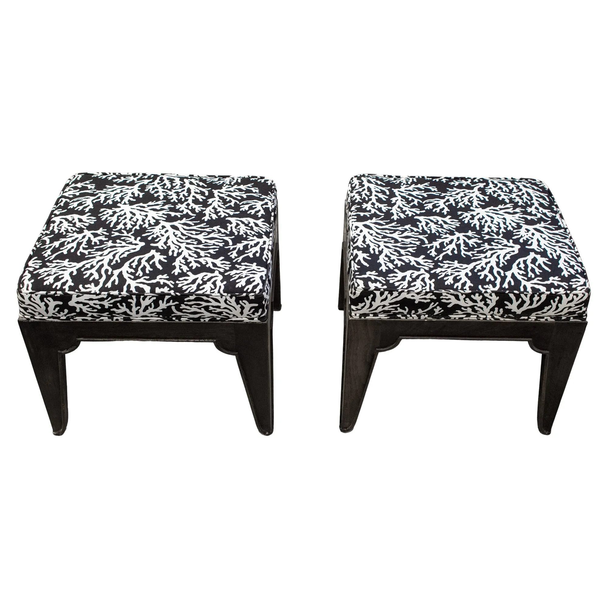 Pair of Mid-Century Wood Stools with Graphic Upholstery
