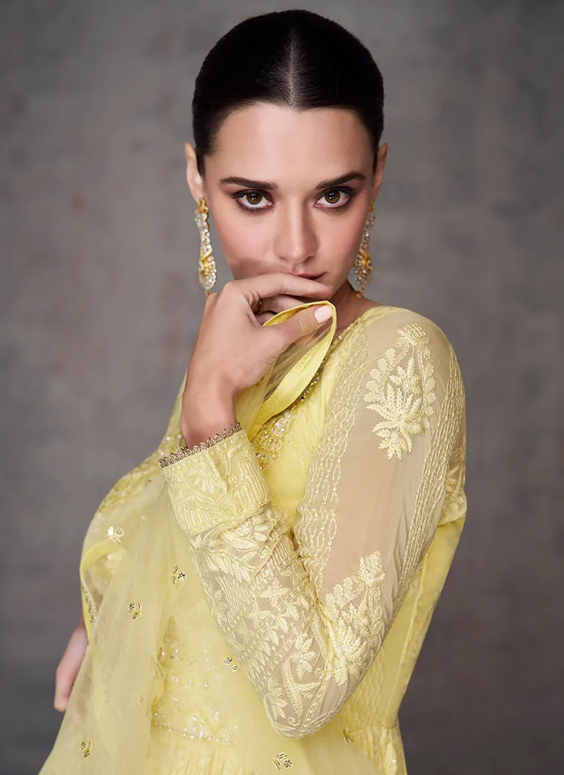 Pale Yellow Lucknowi Mirror Work Embroidery Anarkali Gown