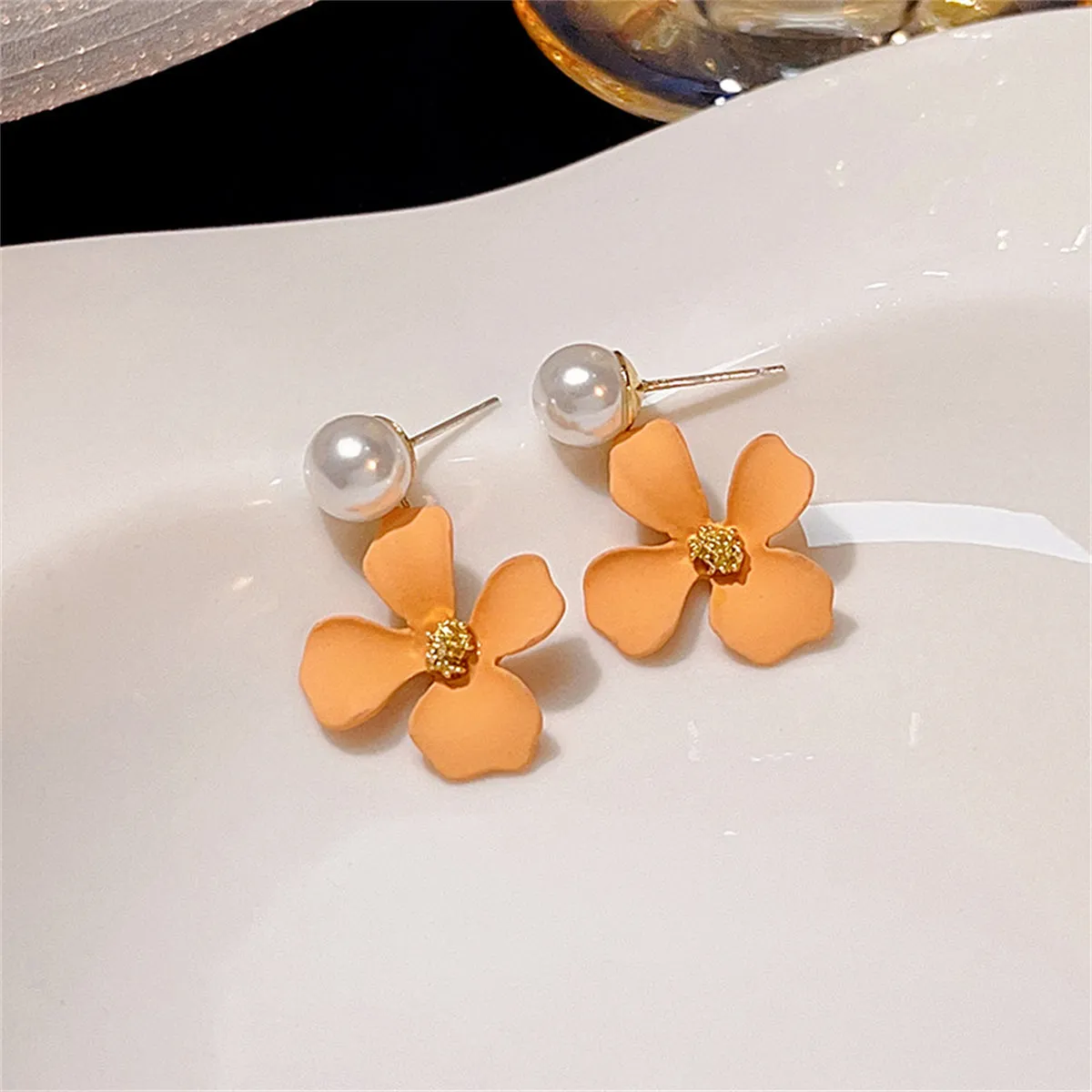 Peach Enamel & Pearl 18K Gold-Plated Floral Drop Earrings