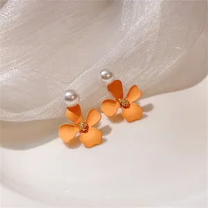 Peach Enamel & Pearl 18K Gold-Plated Floral Drop Earrings