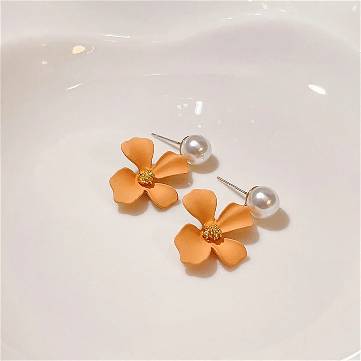 Peach Enamel & Pearl 18K Gold-Plated Floral Drop Earrings