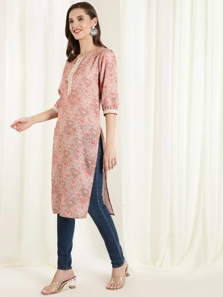 Peach Mirror Work Printed Straight Kurta