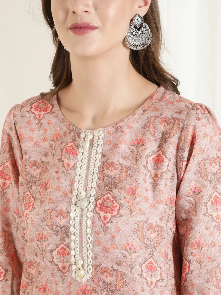 Peach Mirror Work Printed Straight Kurta