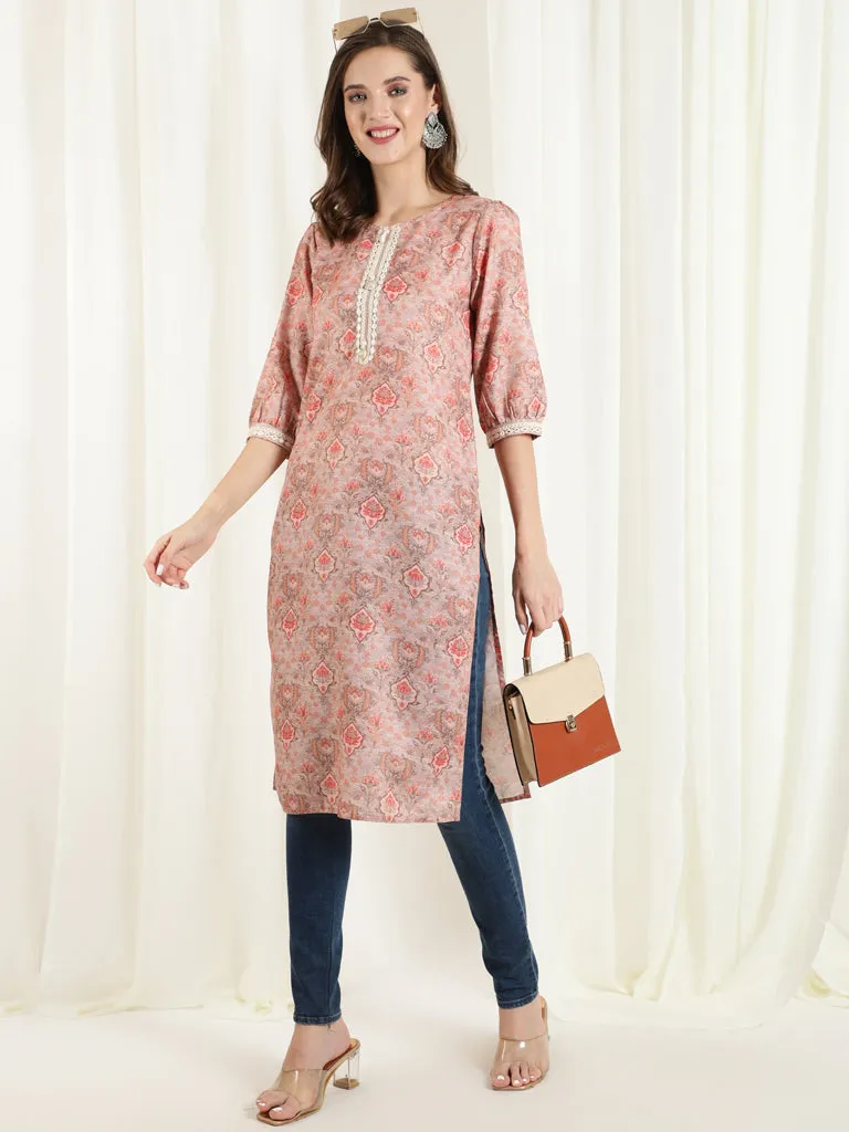 Peach Mirror Work Printed Straight Kurta