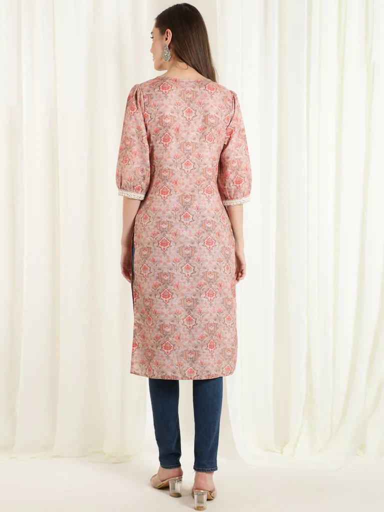 Peach Mirror Work Printed Straight Kurta