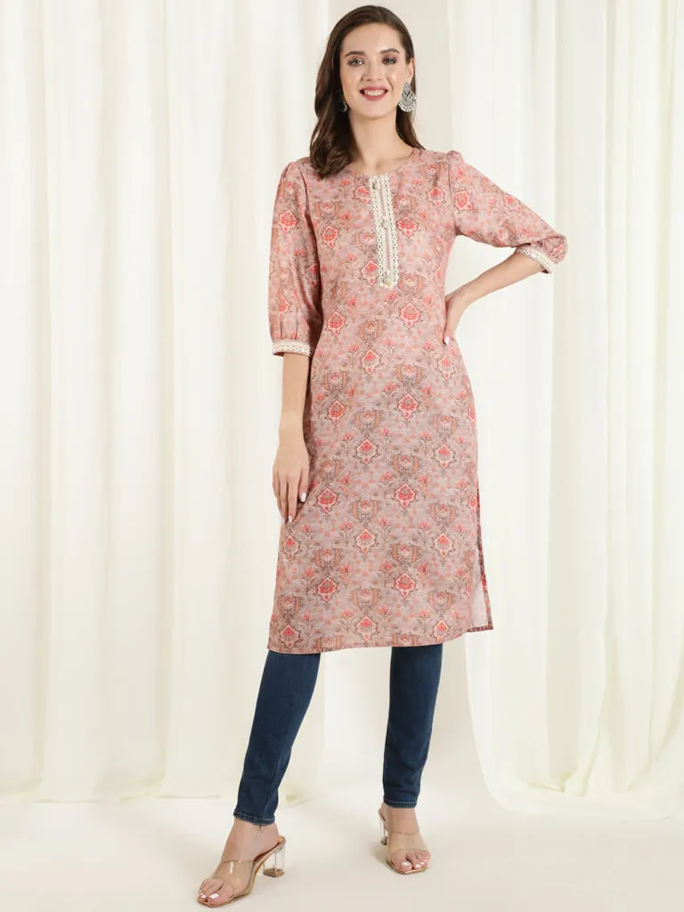 Peach Mirror Work Printed Straight Kurta