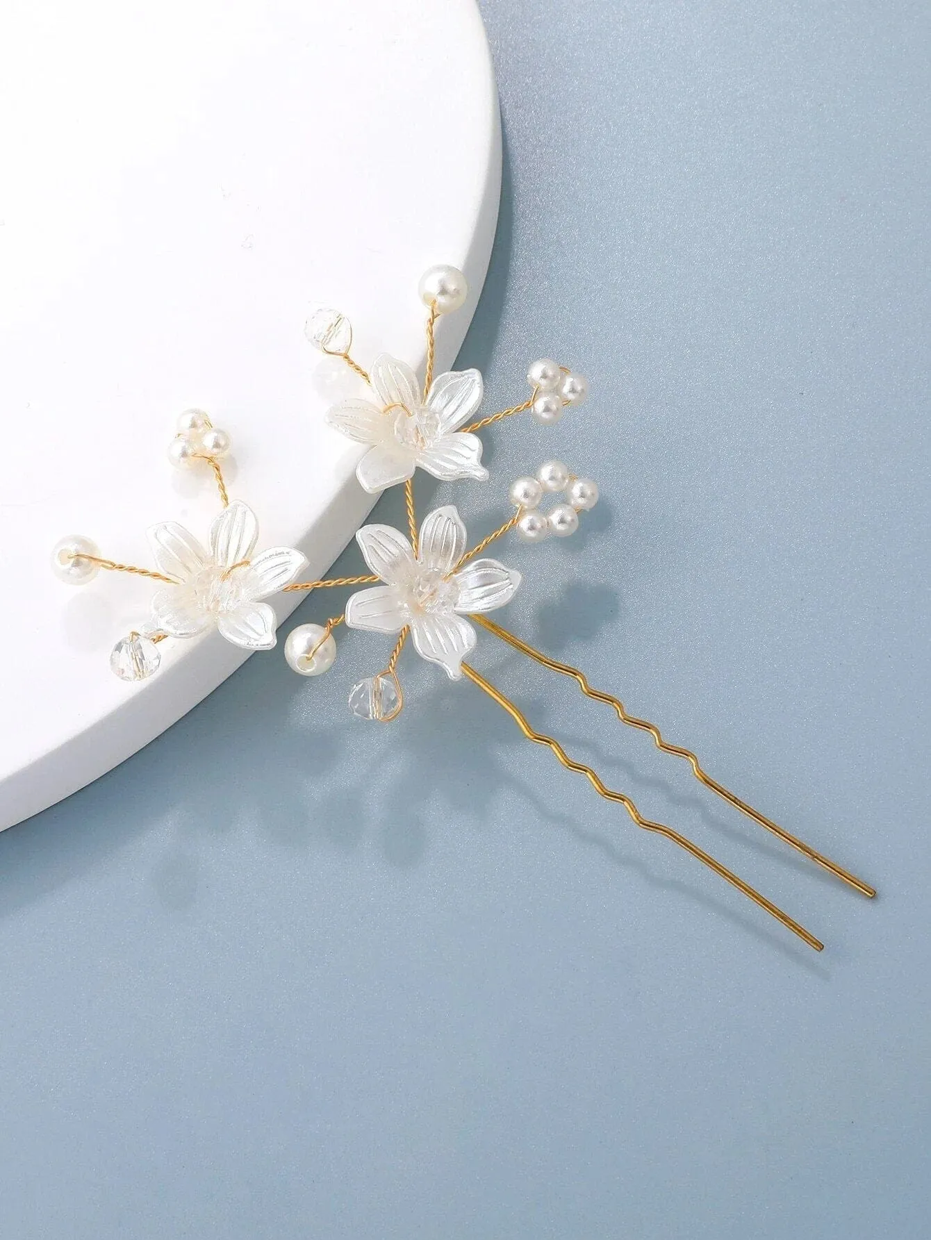 Pearl Flower Gold Wire Hairpin, Three Flowers Wedding Hair Pin Hairpiece, Bridal Pearl Floral Hairpin