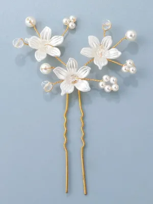Pearl Flower Gold Wire Hairpin, Three Flowers Wedding Hair Pin Hairpiece, Bridal Pearl Floral Hairpin