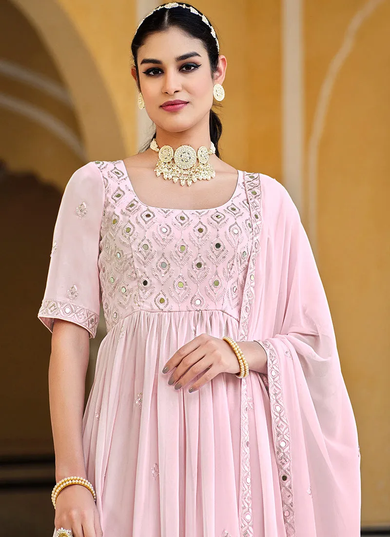 Pink Mirror Work Embroidery Pleated Anarkali Palazzo Suit