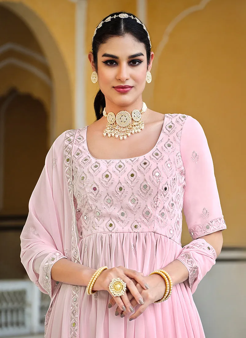 Pink Mirror Work Embroidery Pleated Anarkali Palazzo Suit