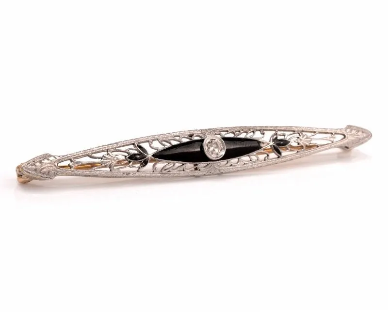 Platinum/14K Bicolor Art Deco Brooch with Enamel and Diamond