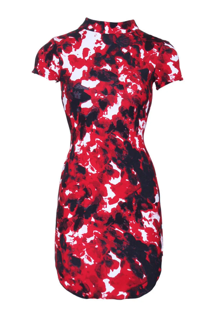 Red High Neck Short Sleeved Mini Dress
