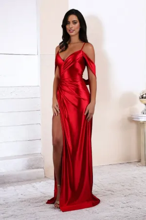 Red Spaghetti Straps V Neck Satin Long Prom Dress with Slit