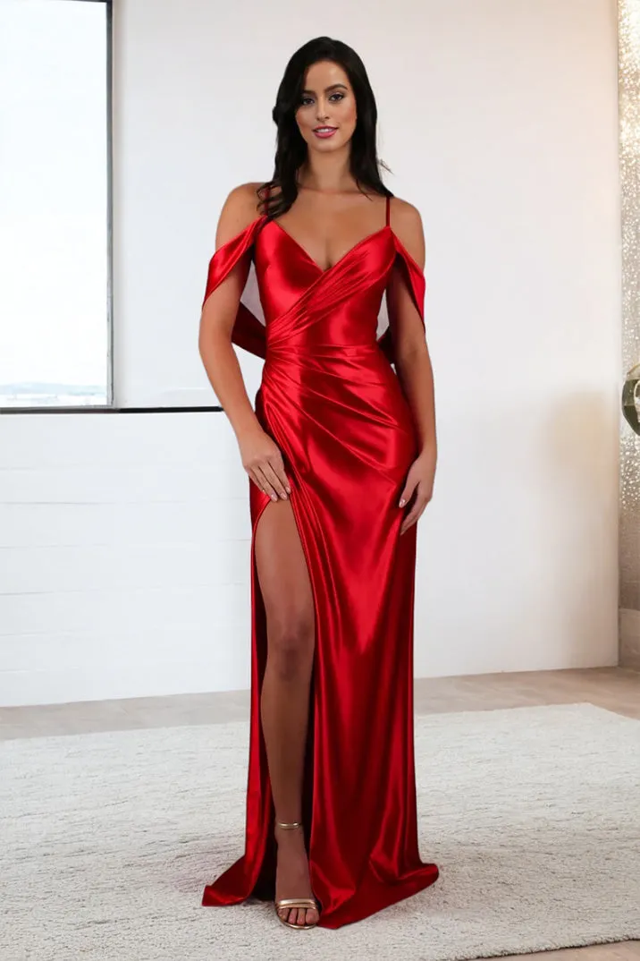 Red Spaghetti Straps V Neck Satin Long Prom Dress with Slit