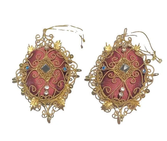 Shabby Chic Gold Wire Satin and Rhinestone Ornaments s/5