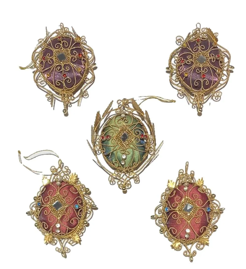 Shabby Chic Gold Wire Satin and Rhinestone Ornaments s/5