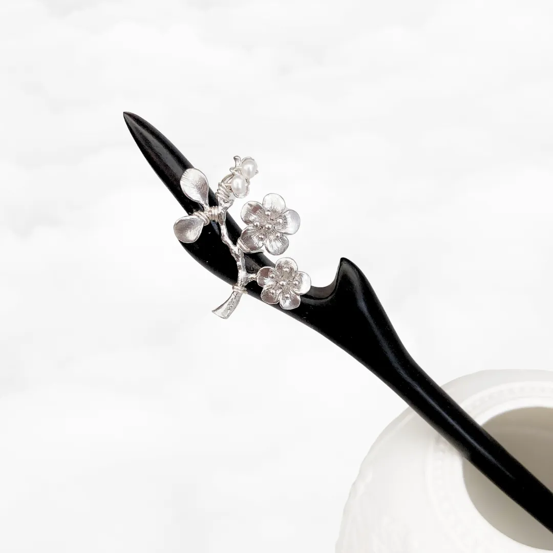 Silver Plum Blossom Wood Hair Stick