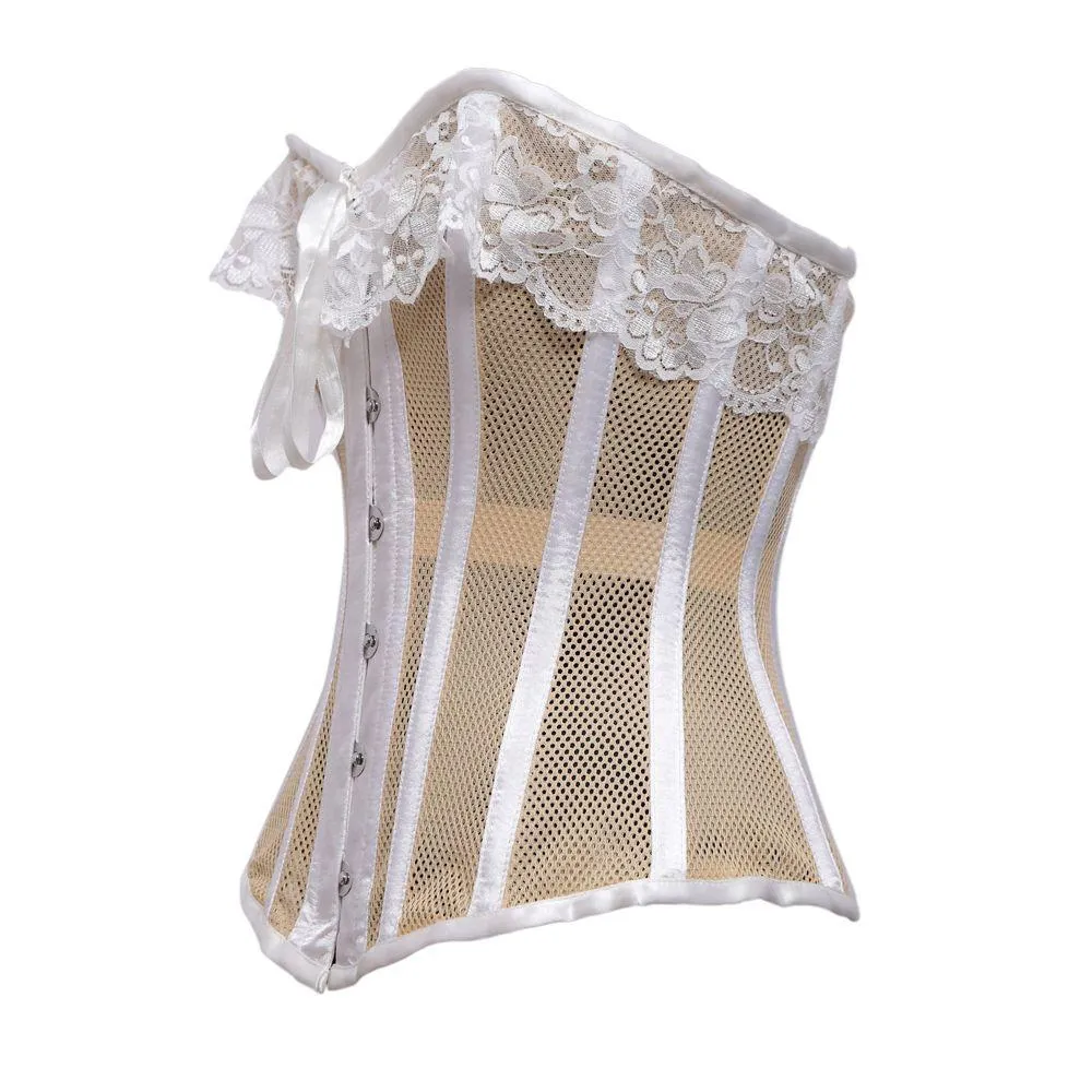 Sinko Beige Mesh White Satin Lace Steel Boned Overbust Corset