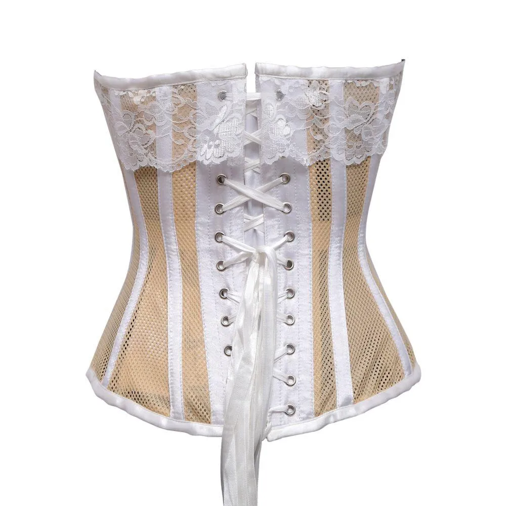 Sinko Beige Mesh White Satin Lace Steel Boned Overbust Corset