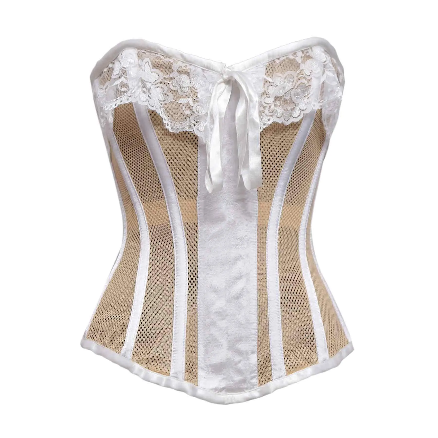 Sinko Beige Mesh White Satin Lace Steel Boned Overbust Corset