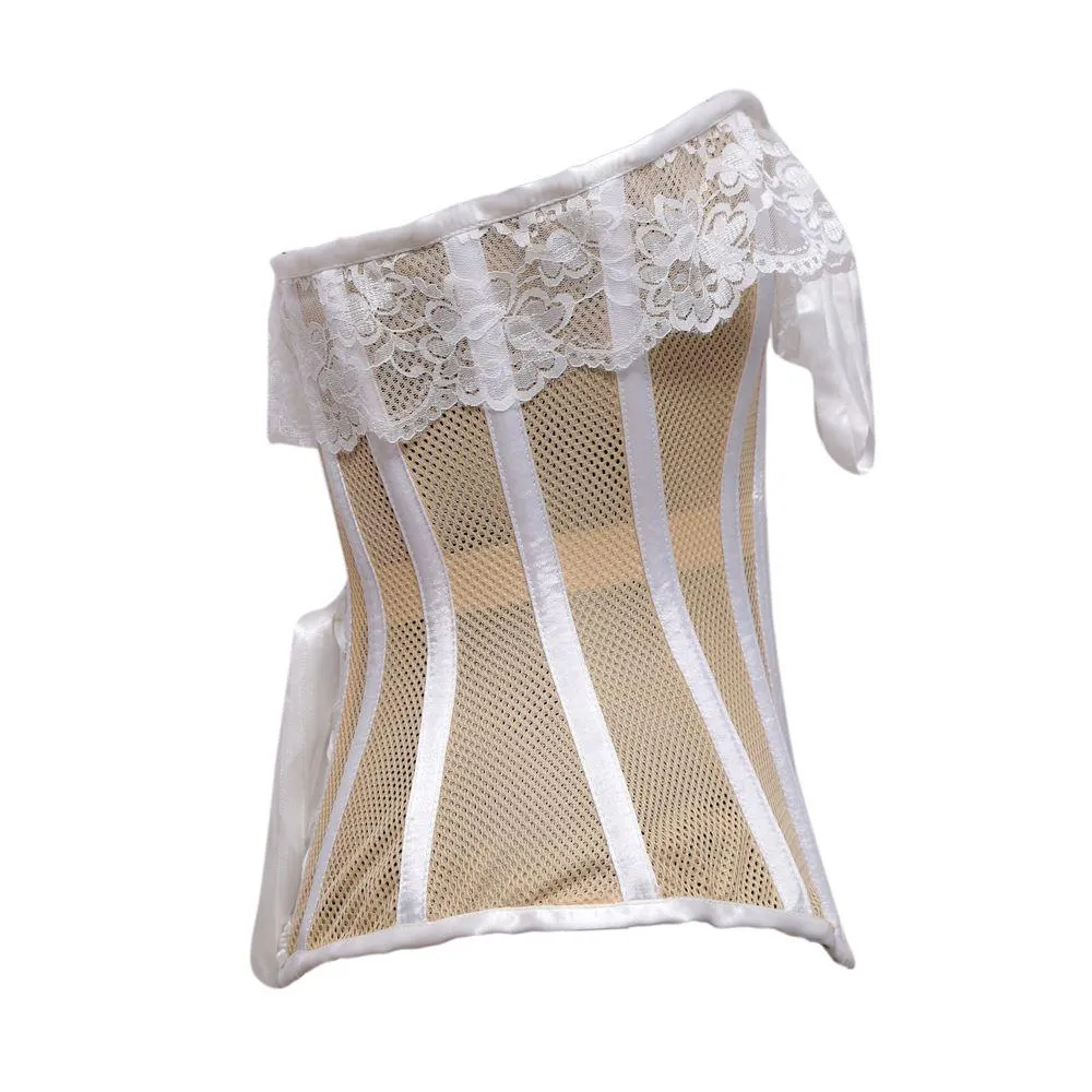 Sinko Beige Mesh White Satin Lace Steel Boned Overbust Corset