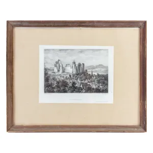 Small Framed Antique French Etching of Pierrefonds Chateau in France